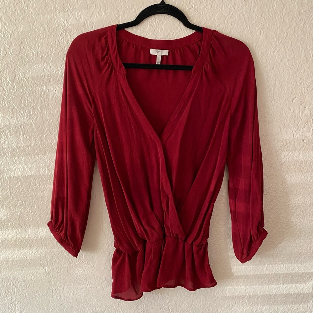 Joie Silk Long-Sleeve Blouse Size S Deep Red V-Neck Elegant Feminine Timeless - Picture 3 of 10